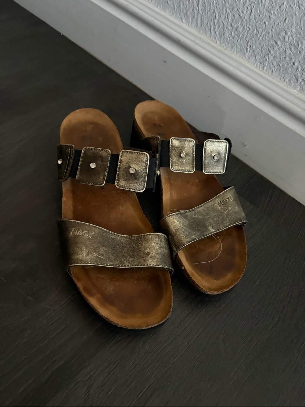 Naot Black Double-Strap Stud Sandal with Suede Footbed